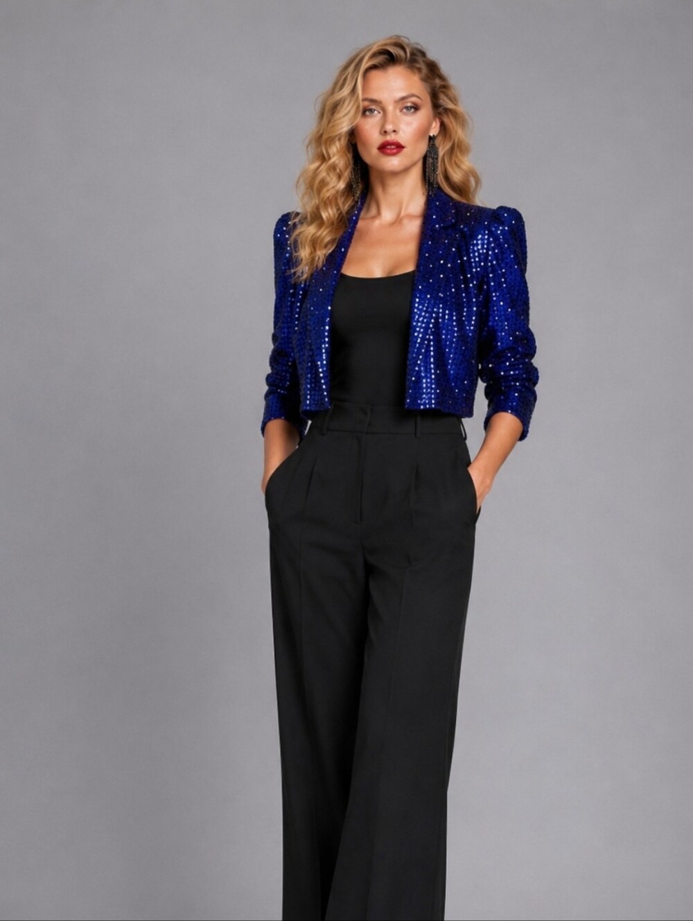 Vintage Royal Blue Sequin Cropped Bolero | Glam Evening Jacket